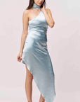 Offshoulder Satin Scarf Dress- Cool Blue