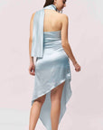 Offshoulder Satin Scarf Dress- Cool Blue