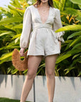 Cotton Plunge Neck Jumpsuit Beige