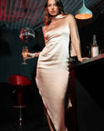 Offshoulder Satin Scarf Dress - Brown
