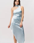 Offshoulder Satin Scarf Dress- Cool Blue