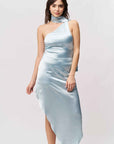Offshoulder Satin Scarf Dress- Cool Blue