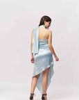 Offshoulder Satin Scarf Dress- Cool Blue