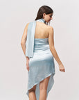 Offshoulder Satin Scarf Dress- Cool Blue