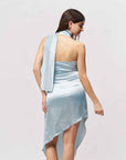 Offshoulder Satin Scarf Dress- Cool Blue