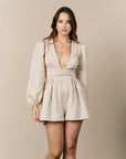 Cotton Plunge Neck Jumpsuit Beige