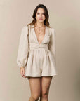 Cotton Plunge Neck Jumpsuit Beige