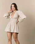 Cotton Plunge Neck Jumpsuit Beige