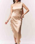Offshoulder Satin Scarf Dress - Brown