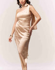 Offshoulder Satin Scarf Dress - Brown