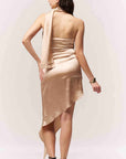 Offshoulder Satin Scarf Dress - Brown