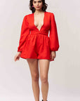 Cotton Plunge Neck Jumpsuit Red