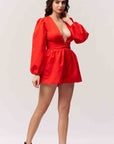 Cotton Plunge Neck Jumpsuit Red