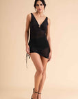 Black Mesh Ruched Mini Dress