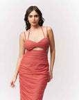 Ruched Coral Knee Length Bodycon