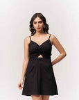 Cotton Midriff Cutout Mini Dress - Black