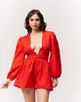 Cotton Plunge Neck Jumpsuit Red