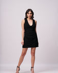 Backless Plunge Neck Black Mini Dress
