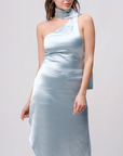 Offshoulder Satin Scarf Dress- Cool Blue