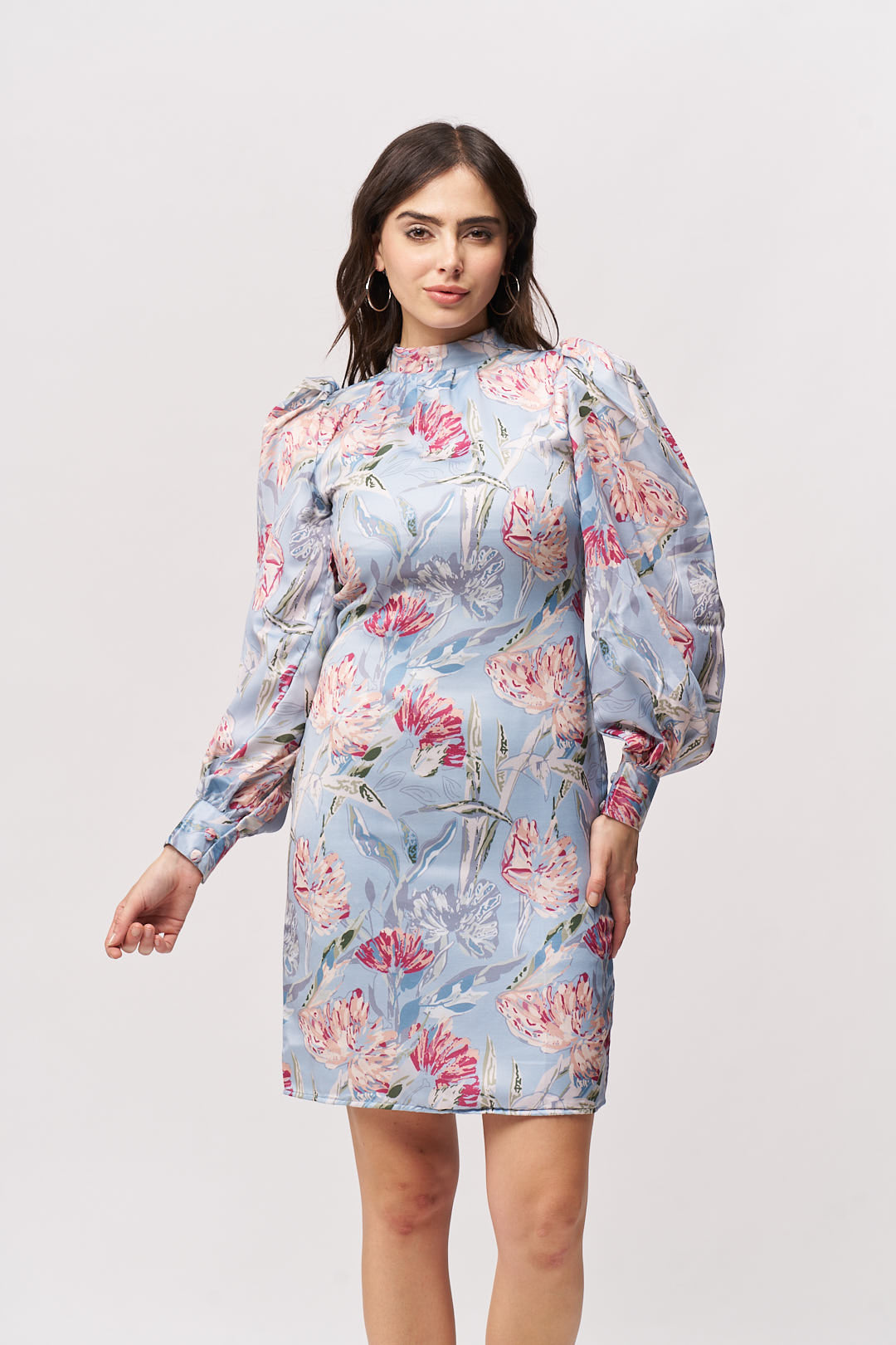 Pastel Floral Print Puff-Sleeve Mini Dress