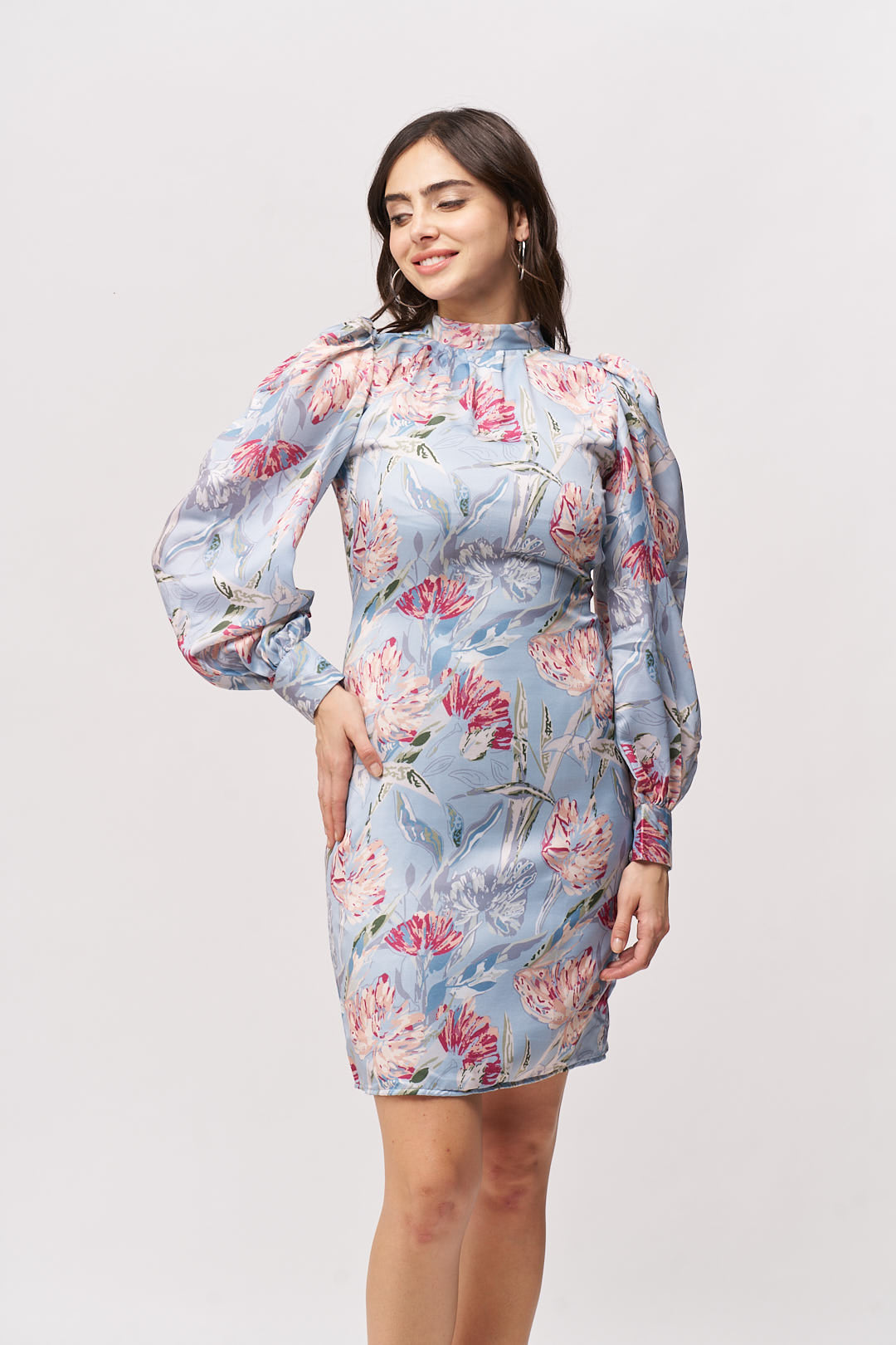 Pastel Floral Print Puff-Sleeve Mini Dress