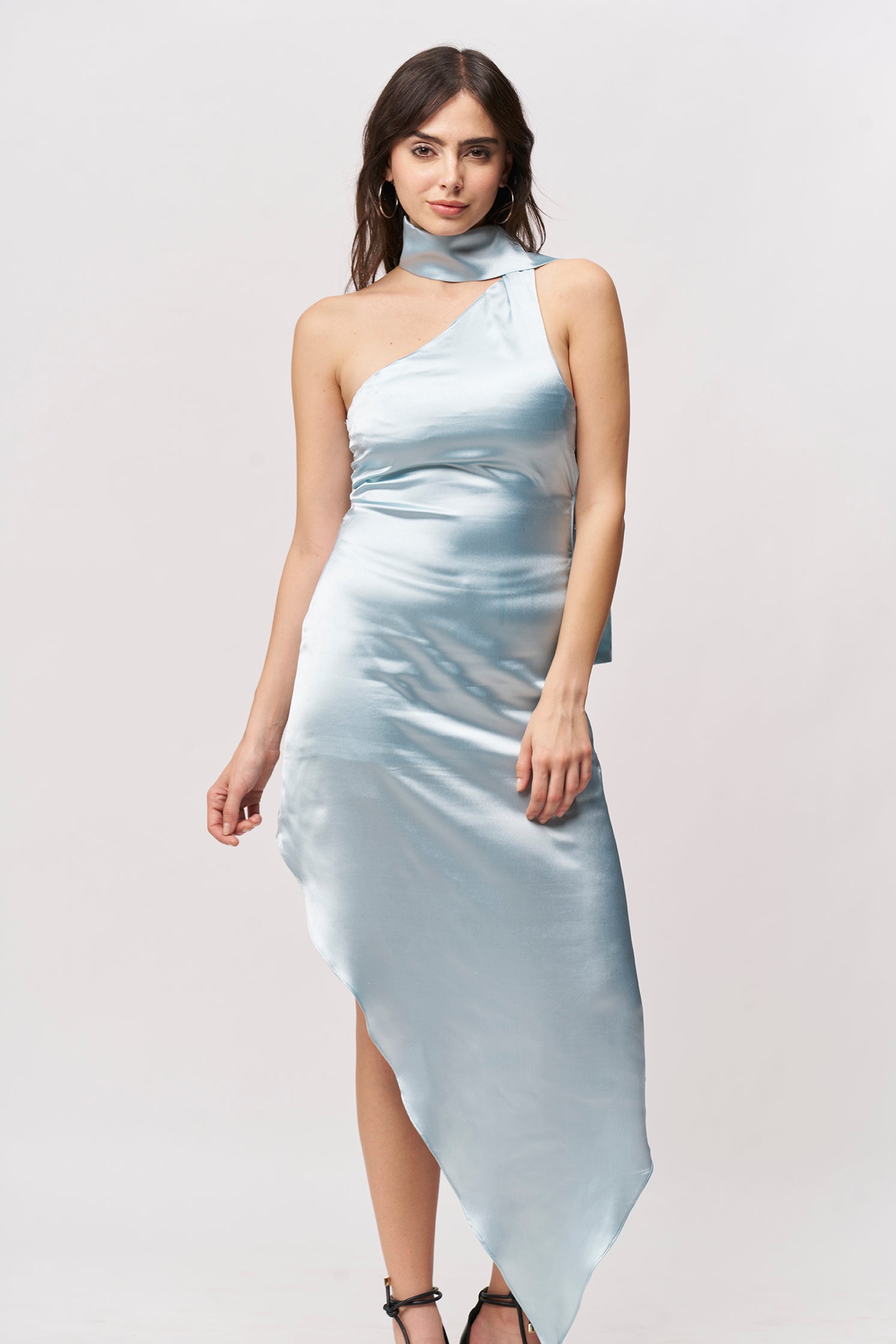 Offshoulder Satin Scarf Dress- Cool Blue