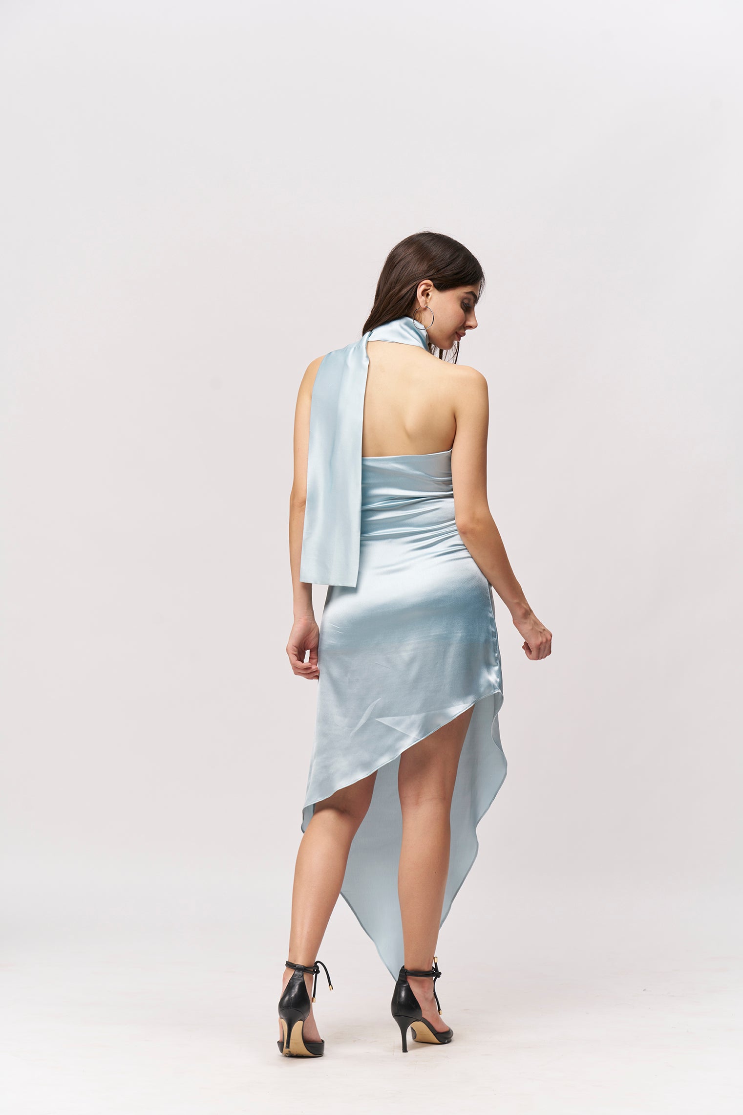 Offshoulder Satin Scarf Dress- Cool Blue