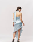 Offshoulder Satin Scarf Dress- Cool Blue
