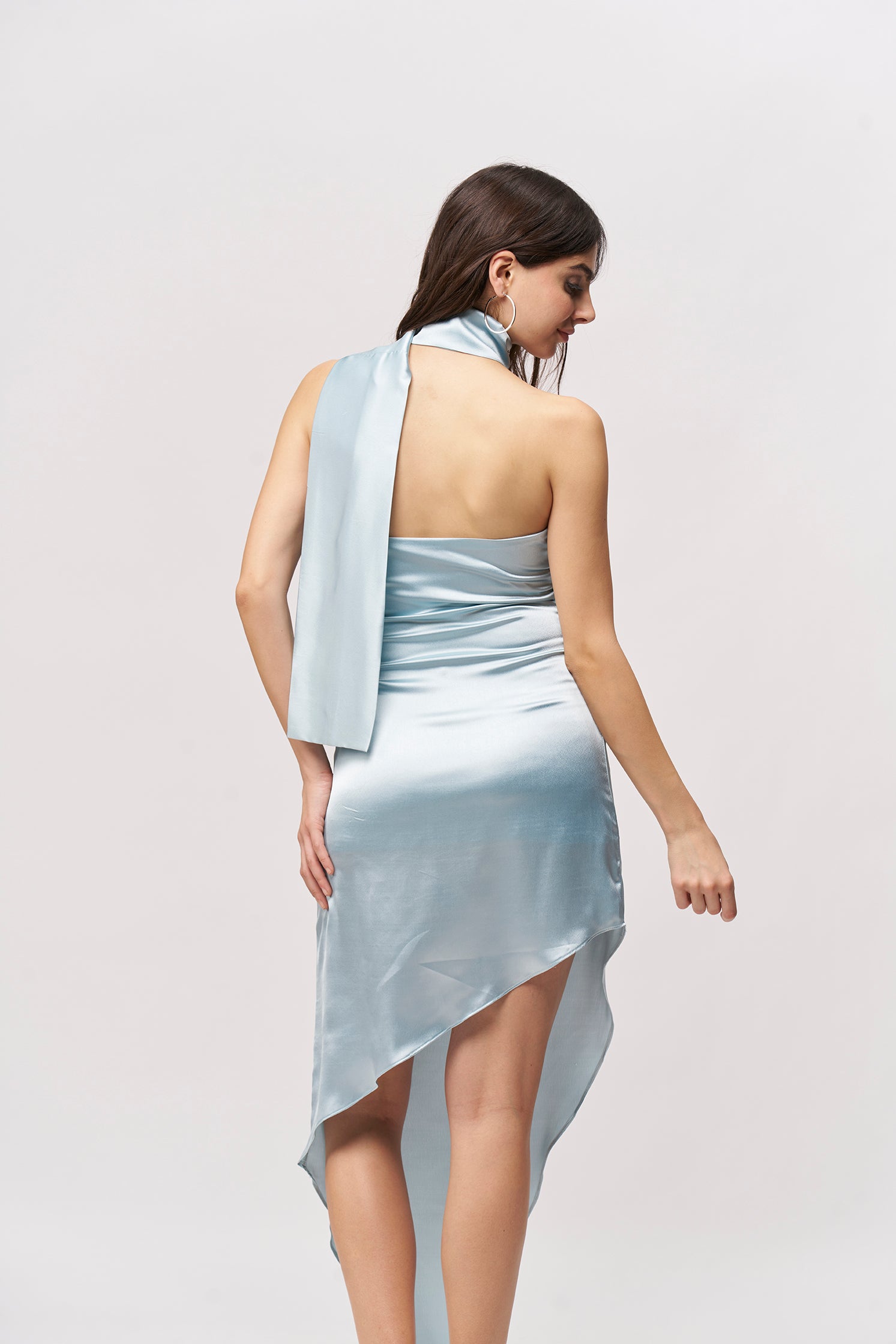 Offshoulder Satin Scarf Dress- Cool Blue
