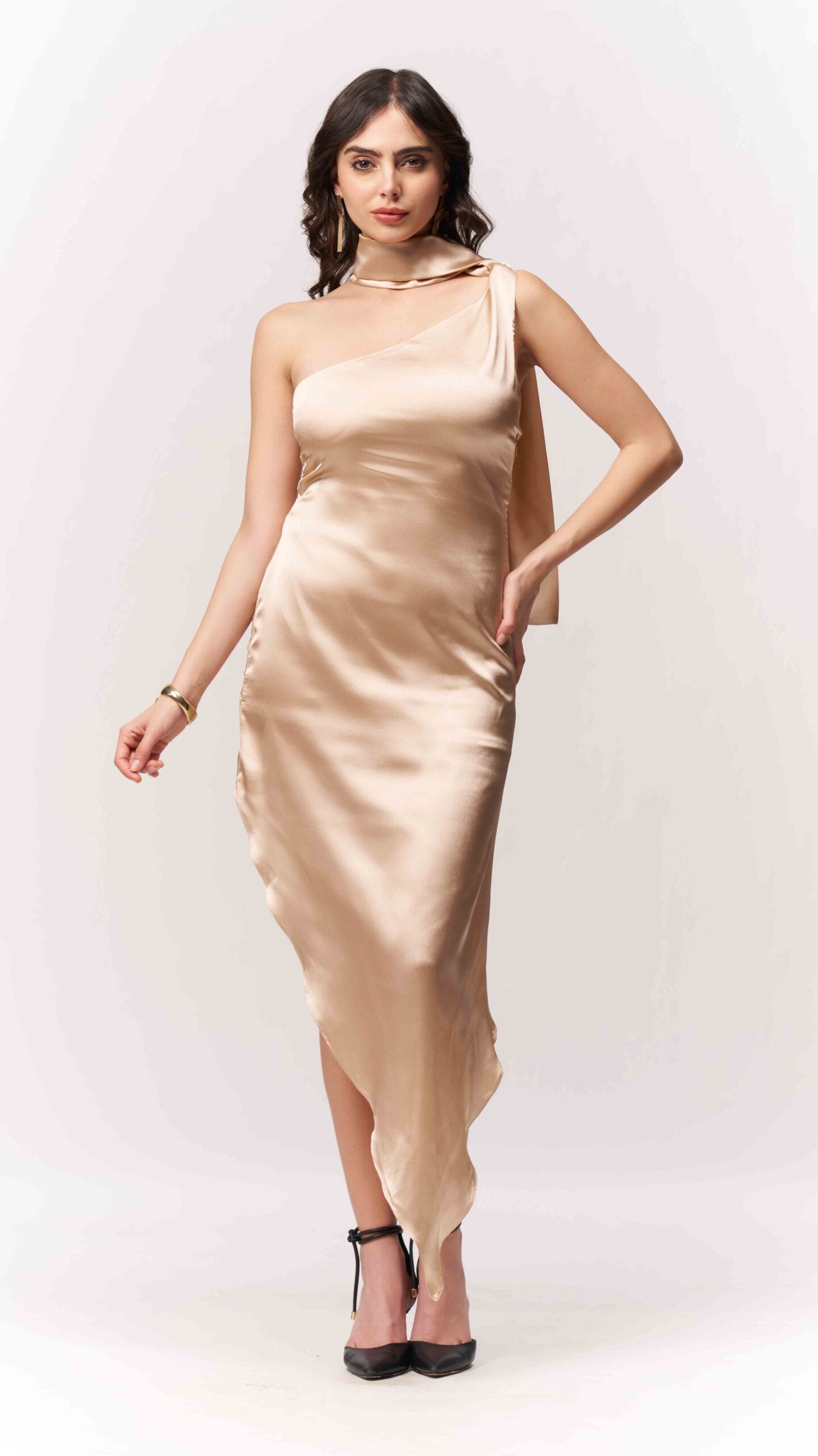 Offshoulder Satin Scarf Dress - Brown
