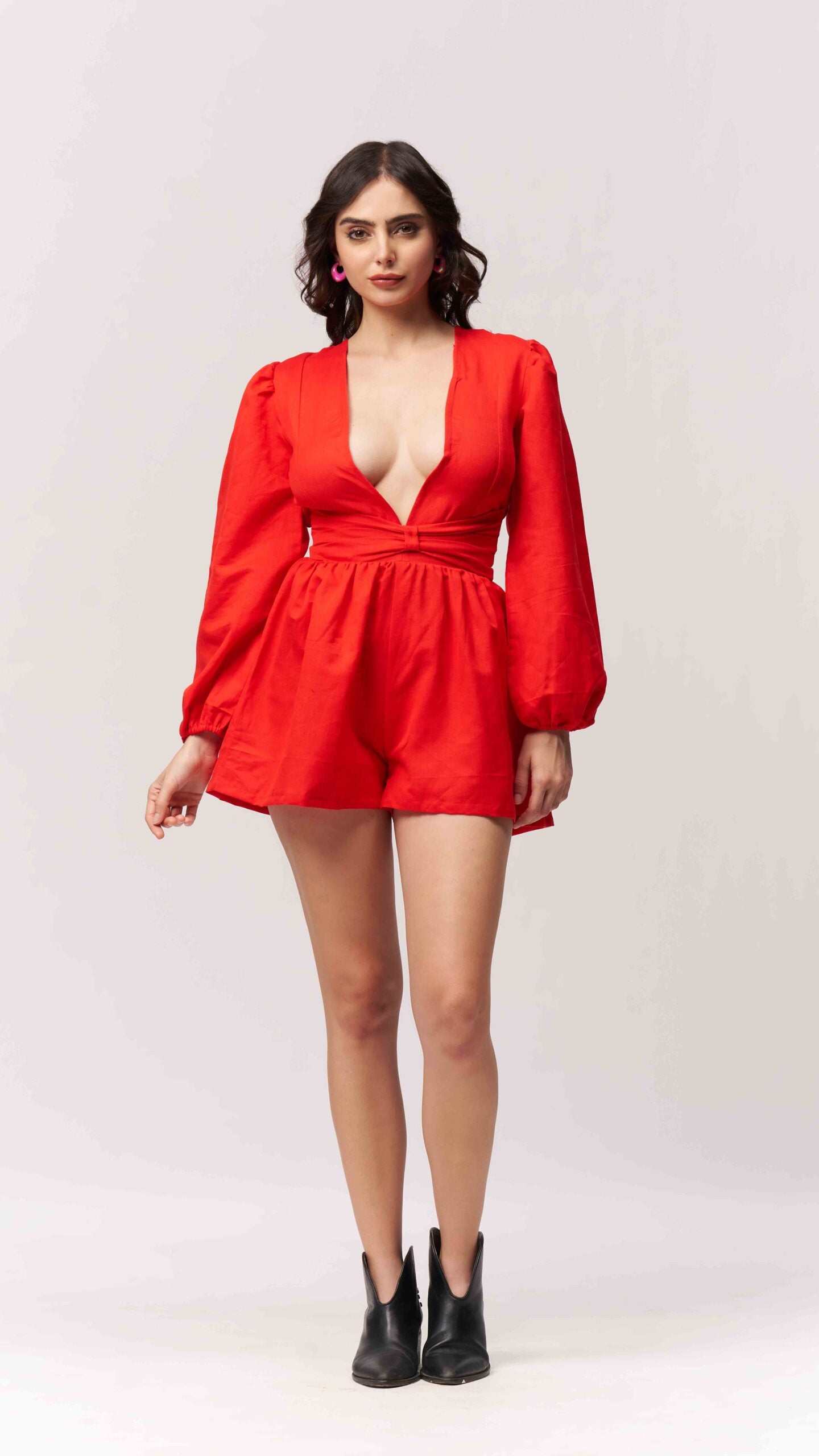 Cotton Plunge Neck Jumpsuit Red