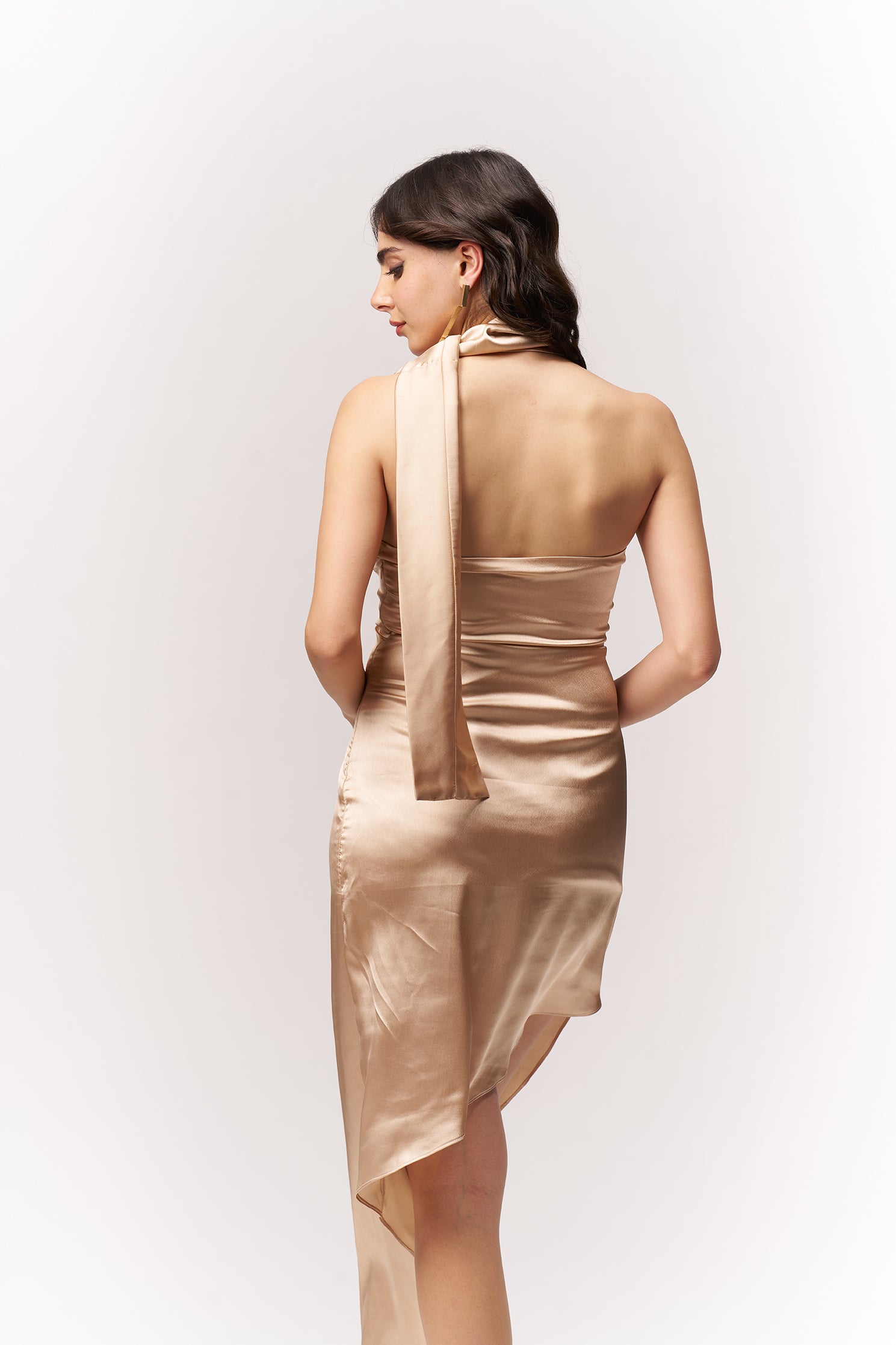 Offshoulder Satin Scarf Dress - Brown