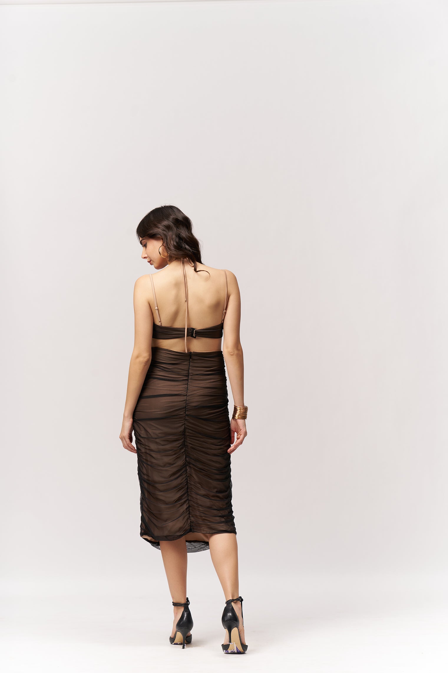 Ruched Nude &amp; Black Knee Length Bodycon