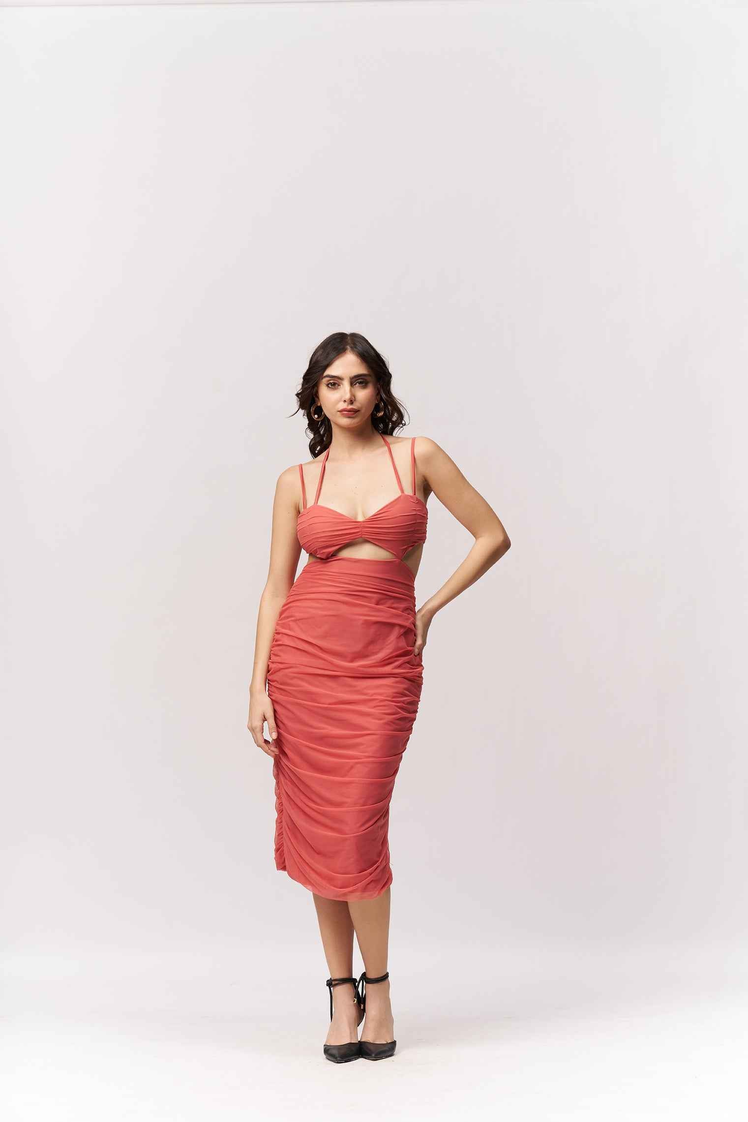 Ruched Coral Knee Length Bodycon