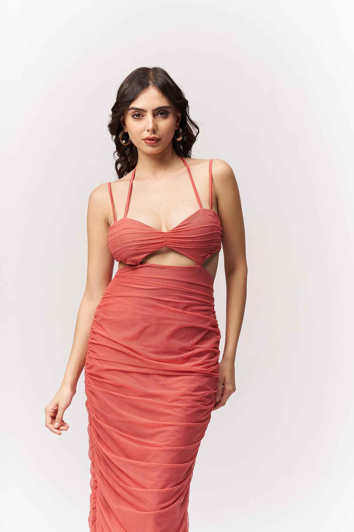 Ruched Coral Knee Length Bodycon