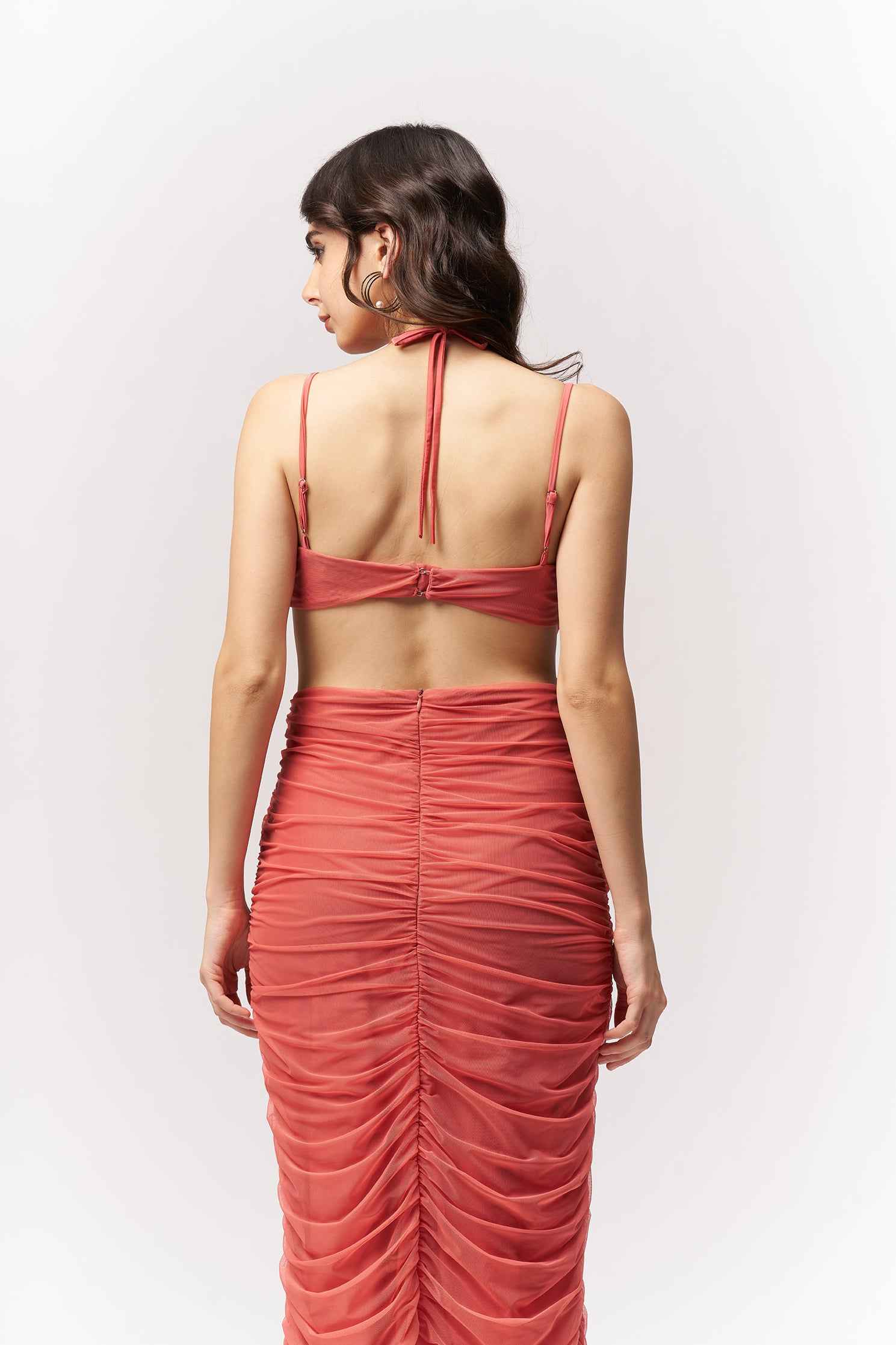 Ruched Coral Knee Length Bodycon