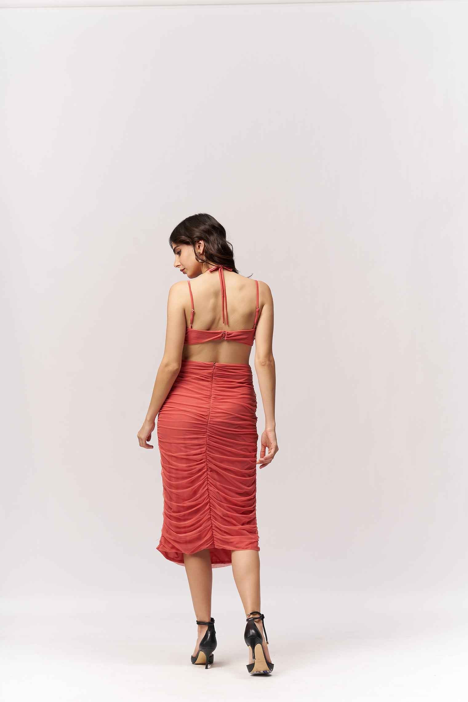 Ruched Coral Knee Length Bodycon