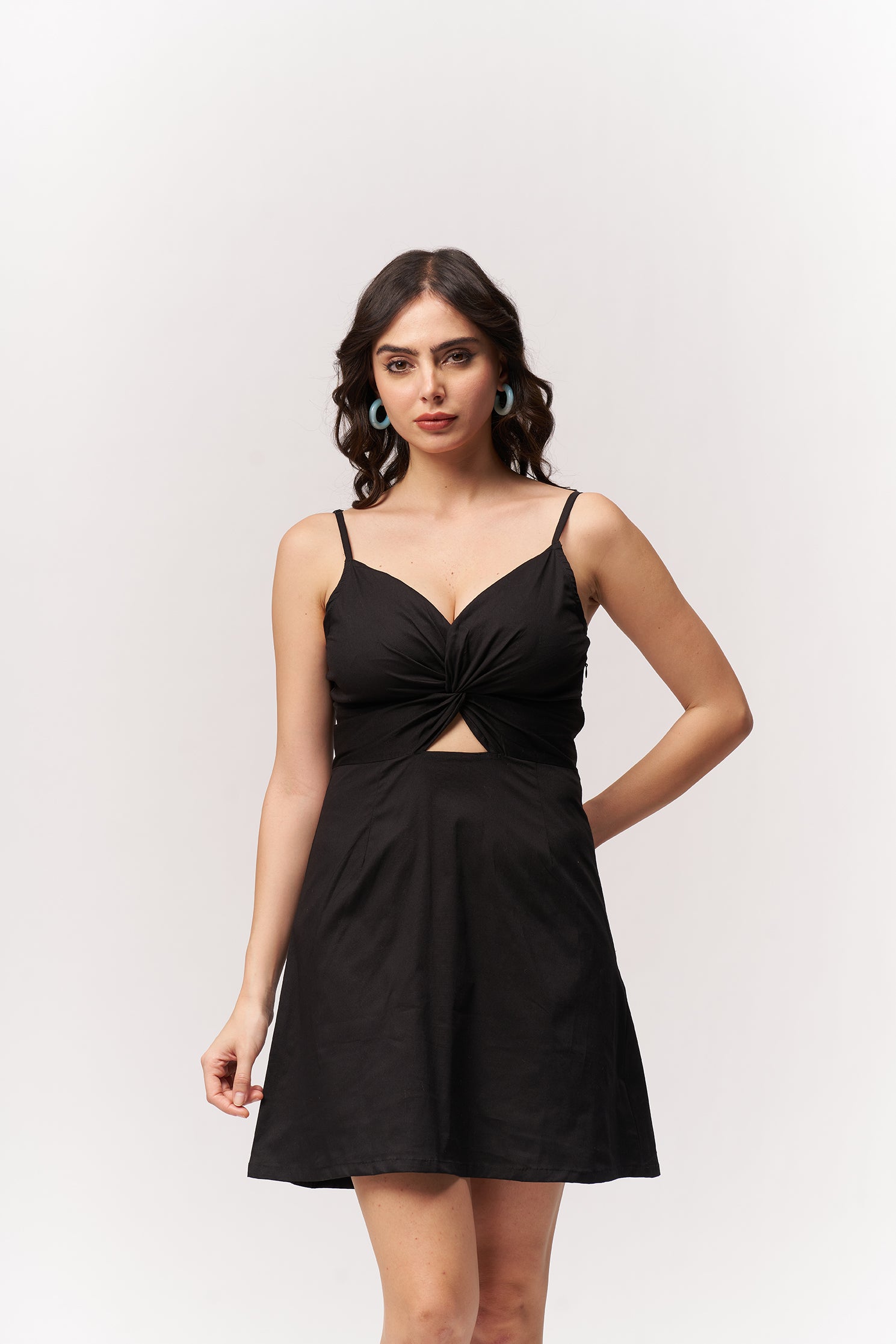 Cotton Midriff Cutout Mini Dress - Black