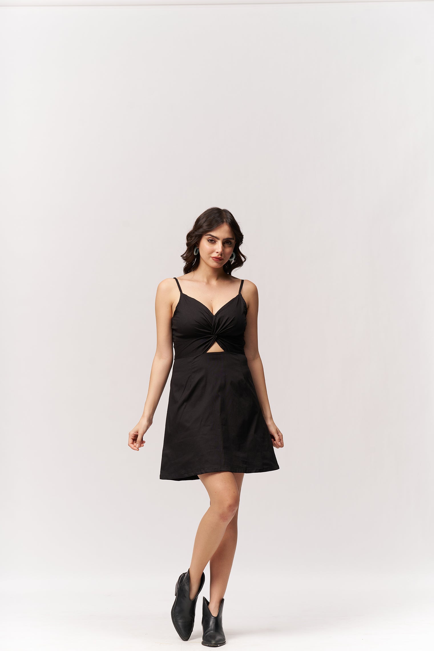 Cotton Midriff Cutout Mini Dress - Black