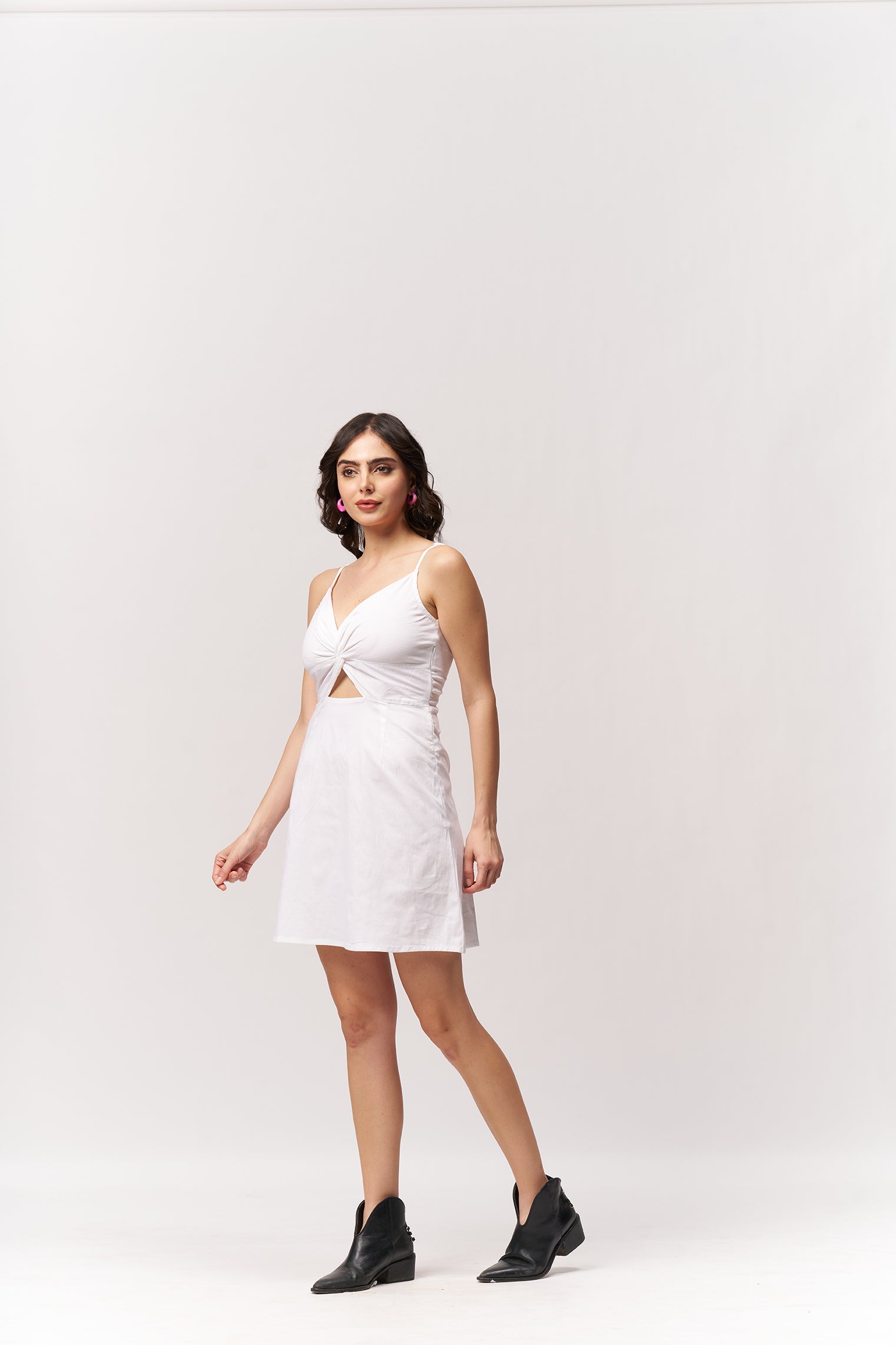 Cotton Midriff Cutout Mini Dress - White