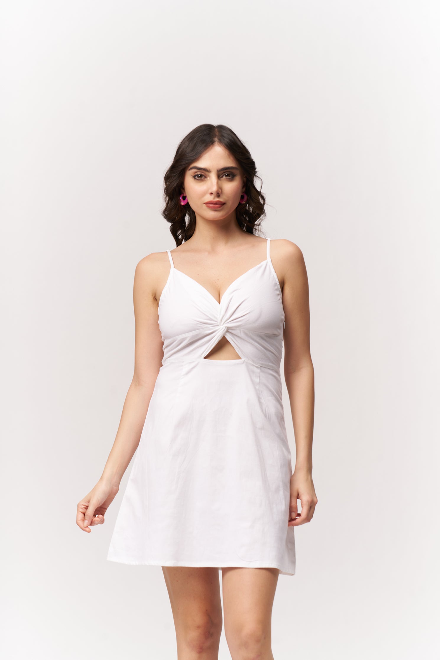 Cotton Midriff Cutout Mini Dress - White