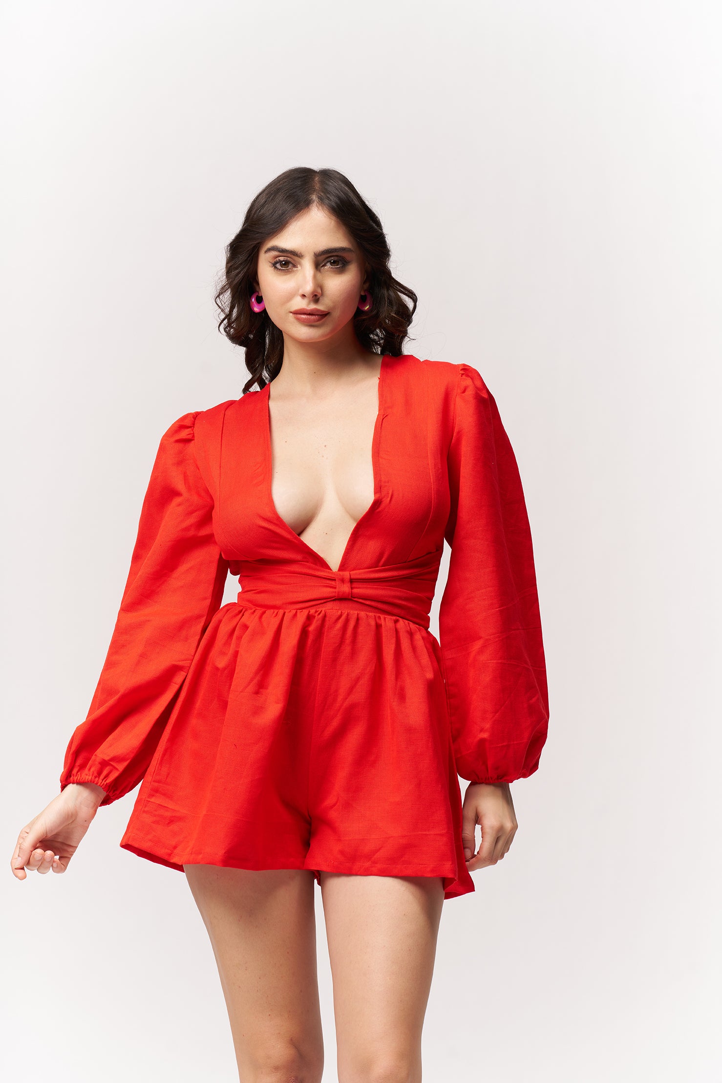 Cotton Plunge Neck Jumpsuit Red