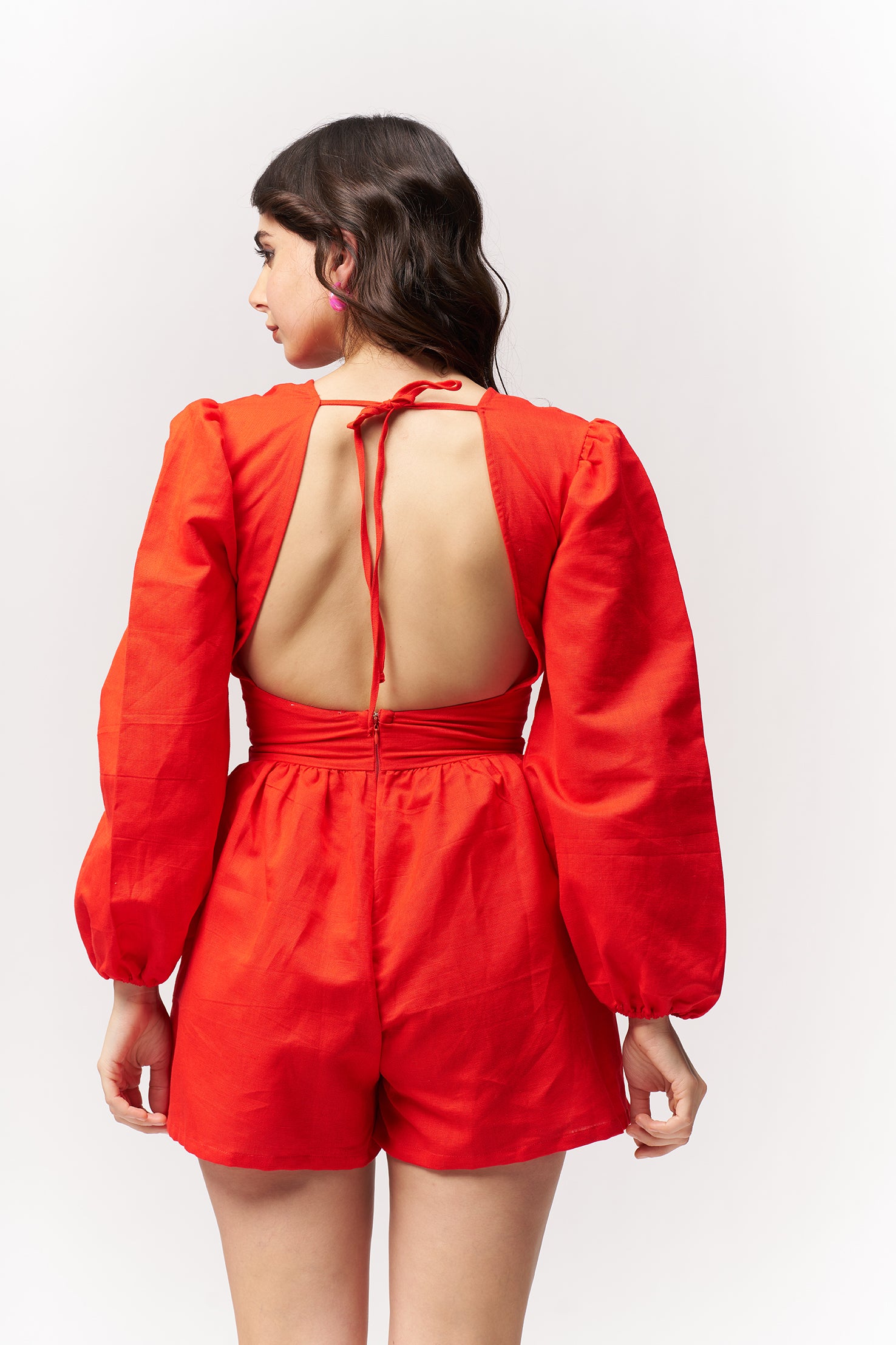 Cotton Plunge Neck Jumpsuit Red